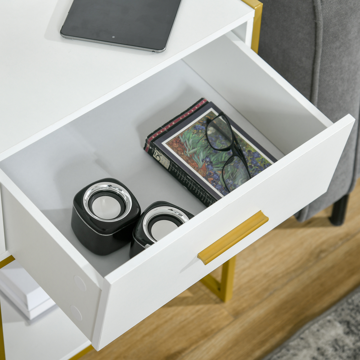 Modern White and Gold Bedside Table Nightstand with Drawer and Shelf