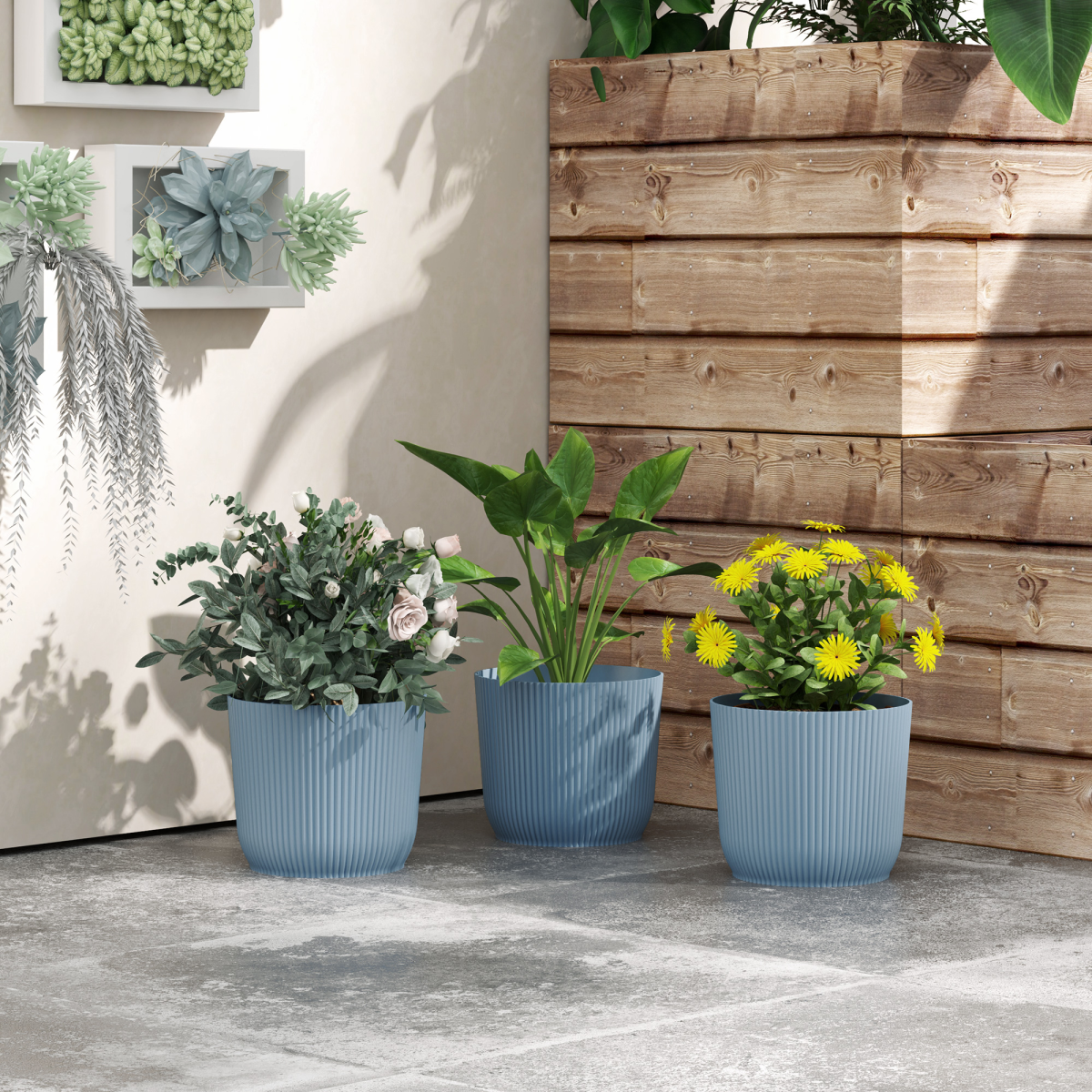 Outsunny Set of 3 Blue Round Stackable Plant Pots, 22cm