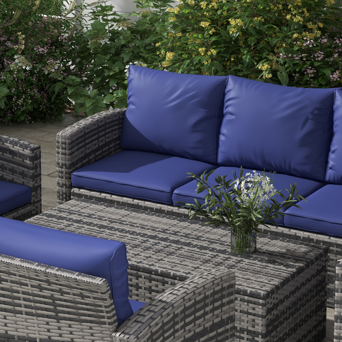 Outsunny 6-Piece Patio Rattan Sofa Set, 7-Seater, Navy Blue Cushions