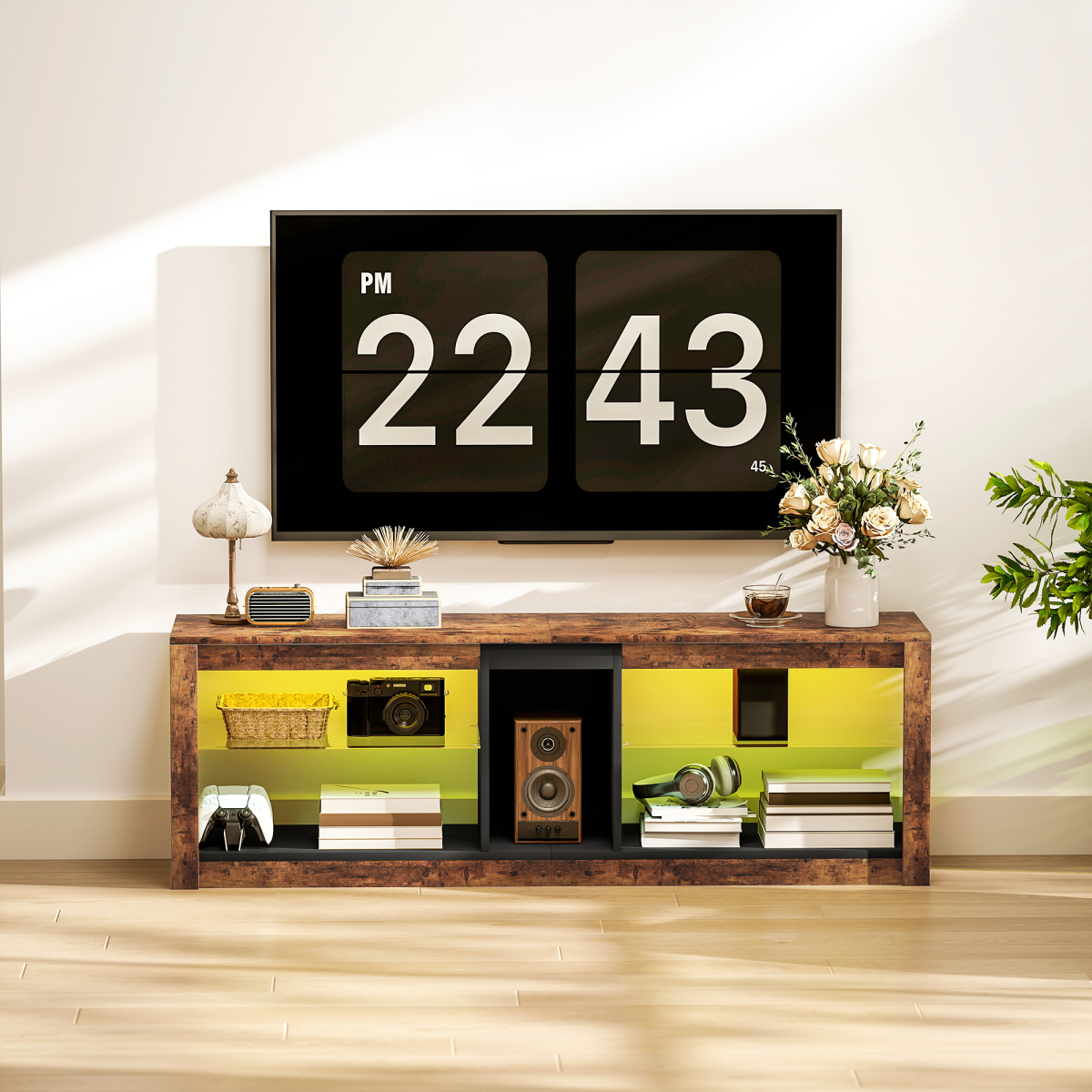 HOMCOM LED TV Stand, Rustic Brown, 140cm Entertainment Centre
