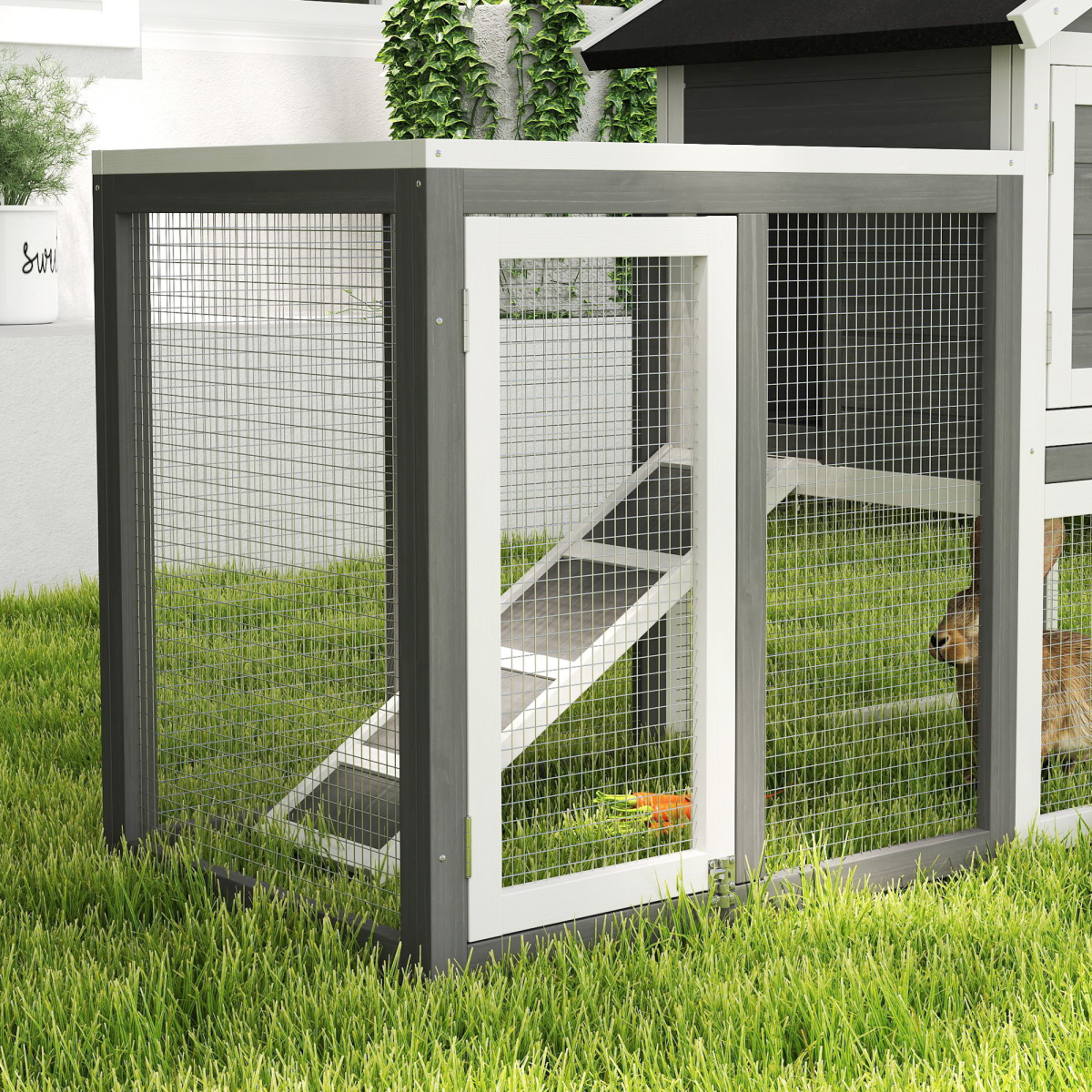122cm Wooden Rabbit Hutch with Outdoor Run, Ladder and Pull-Out Tray