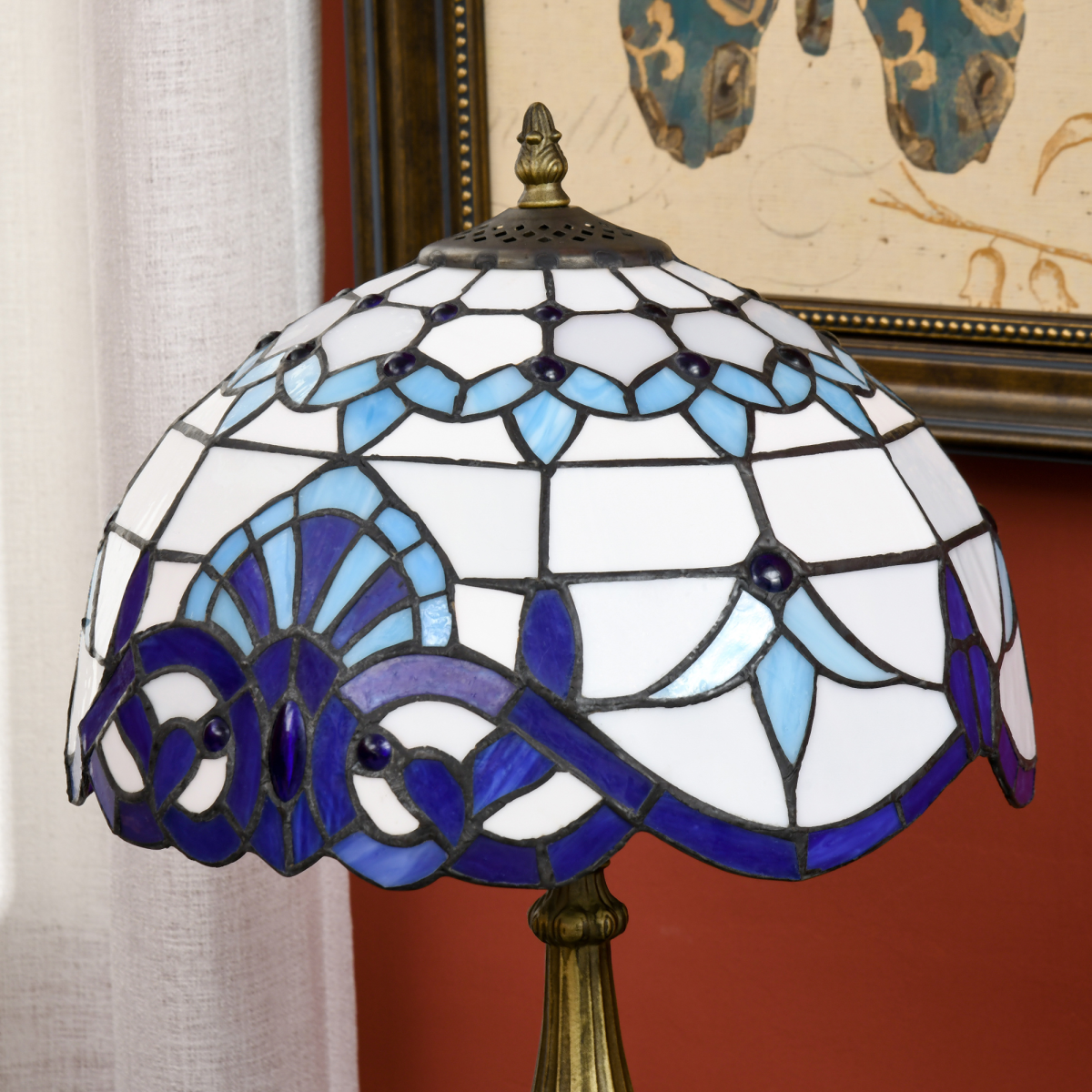 HOMCOM Stained Glass Table Lamp, Blue/White, E27 Bulb Not Included
