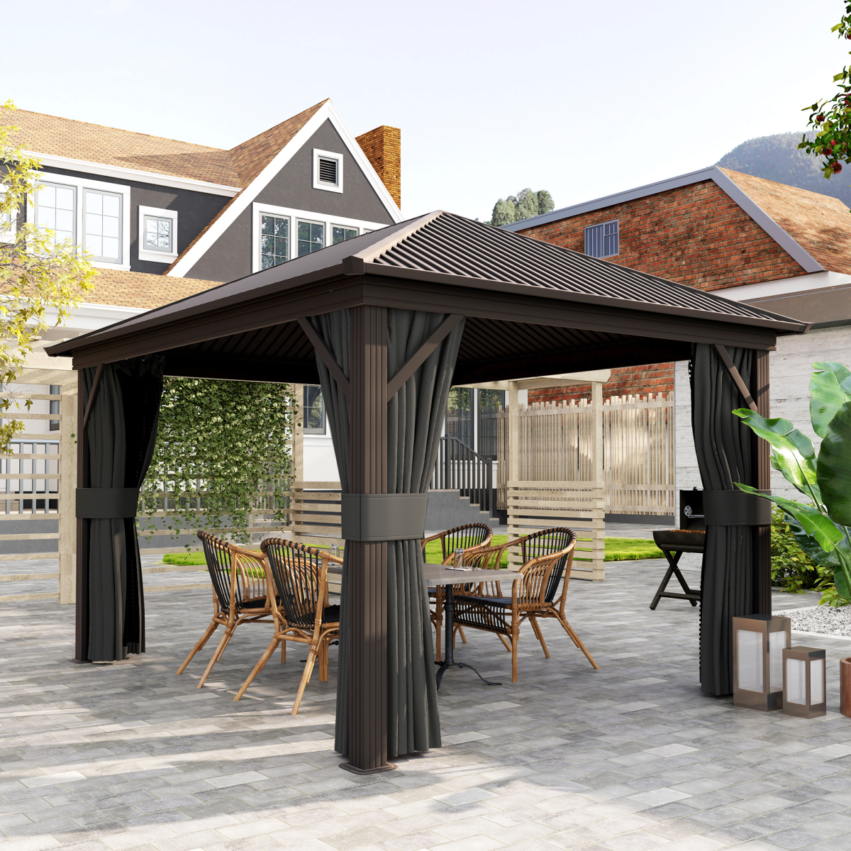 Outsunny 3.6 x 3m Hardtop Garden Gazebo with Screen Curtains, Dark Grey