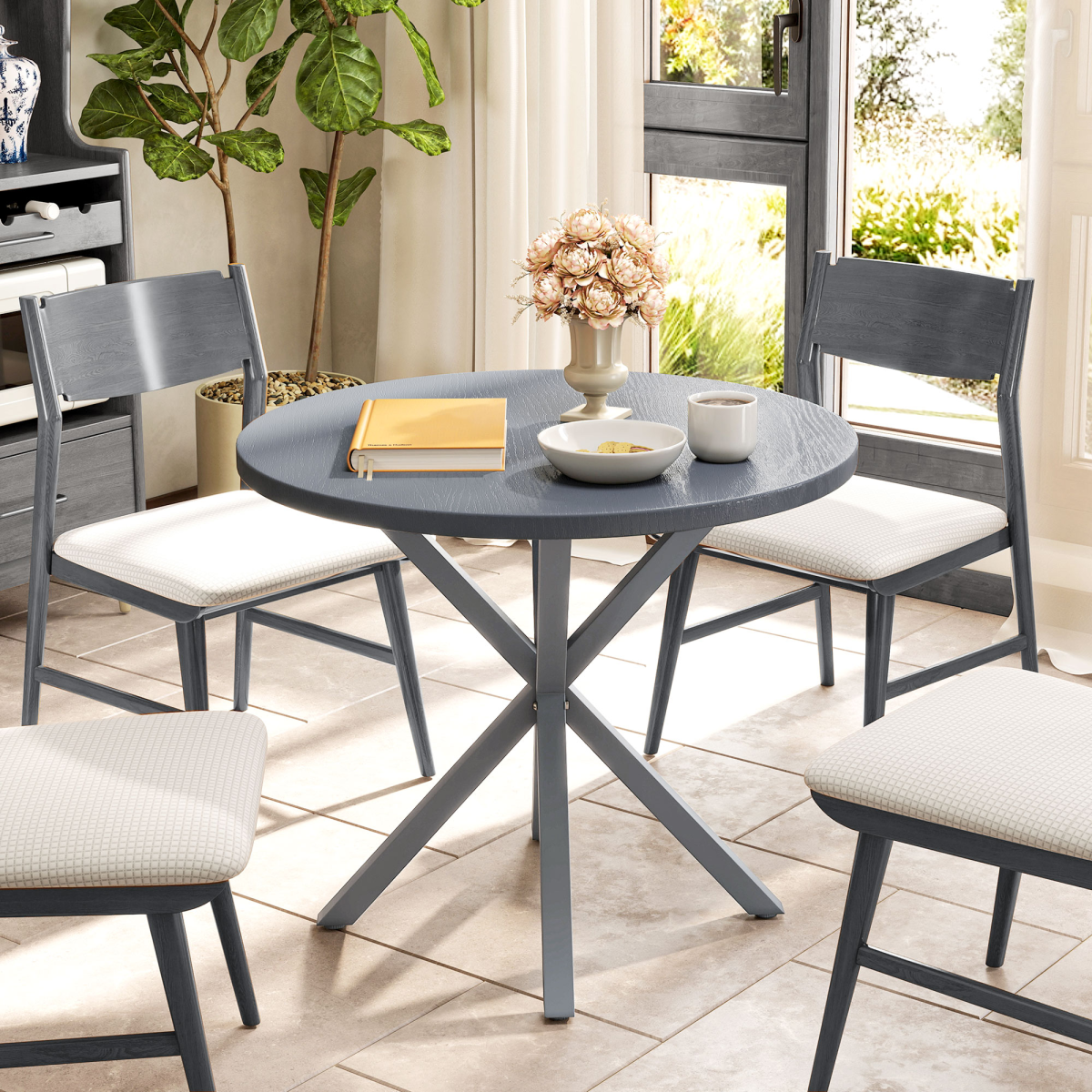 Outsunny Round Garden Table, Steel Frame, Wood-Effect Top, Dark Grey