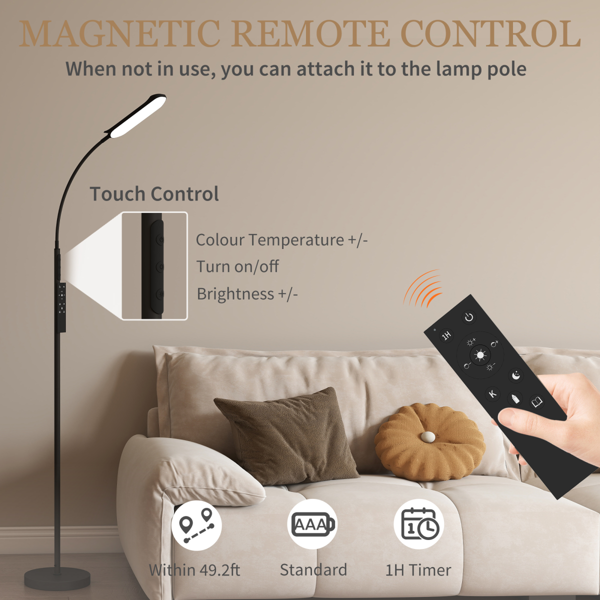 HOMCOM LED Floor Lamp with Magnetic Remote and Touch Control, Black