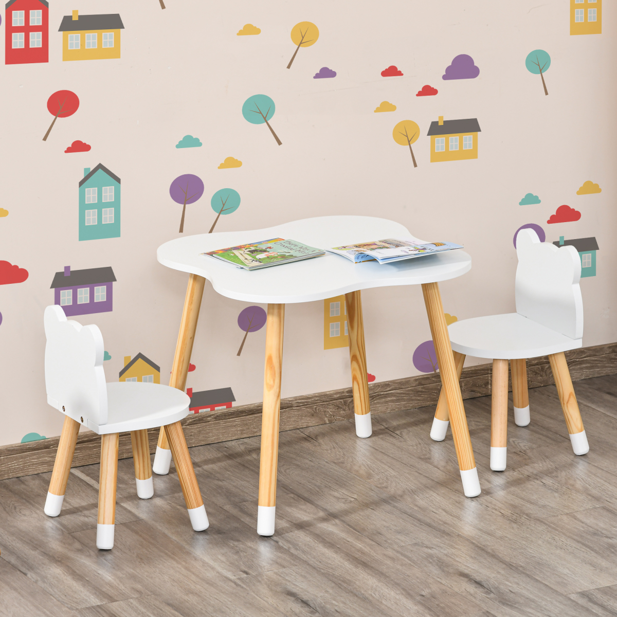 HOMCOM 3-Piece Kids Table and 2 Bear-Shaped Chairs Set, White