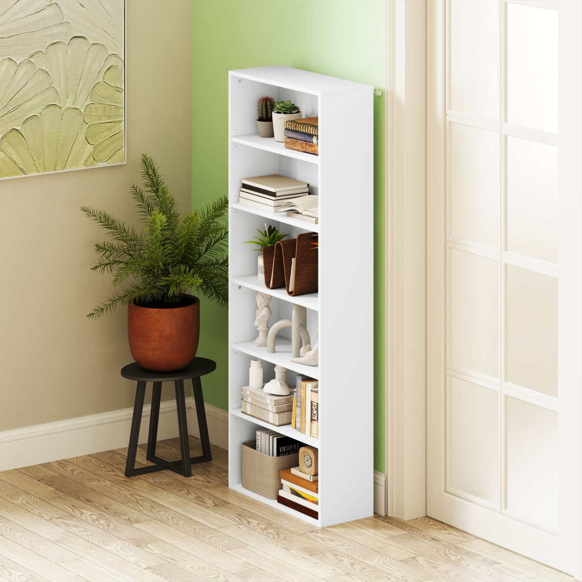 HOMCOM 6-Tier Freestanding White Bookcase with Adjustable Shelves