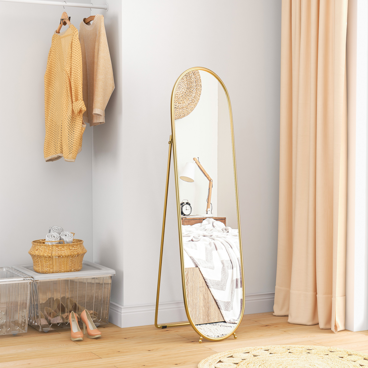 HOMCOM Oval Full Length Mirror with Metal Frame, Gold Tone