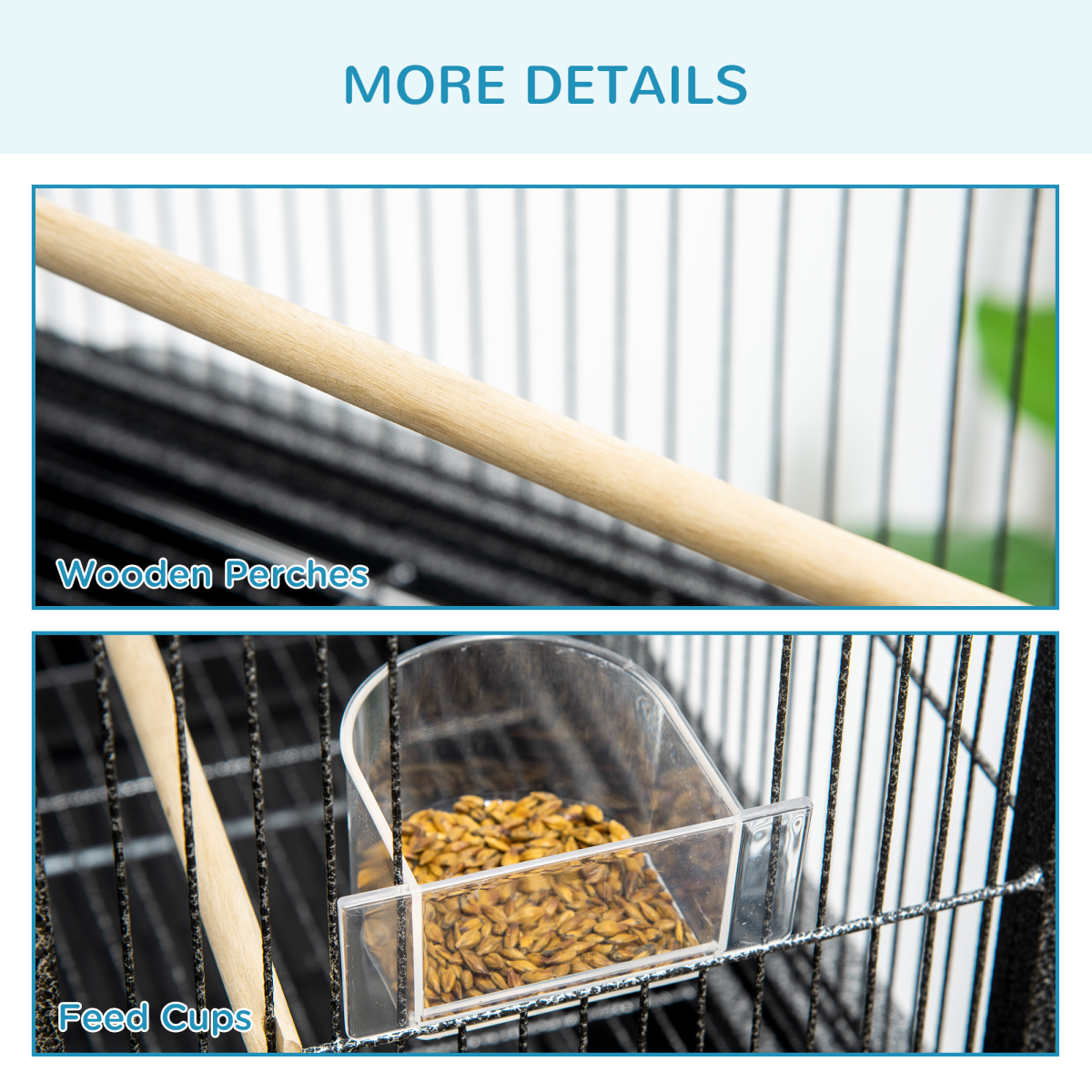 Pawhut Rolling Bird Cage with Detachable Stand, Storage Shelf, Wooden Perches, Food Containers