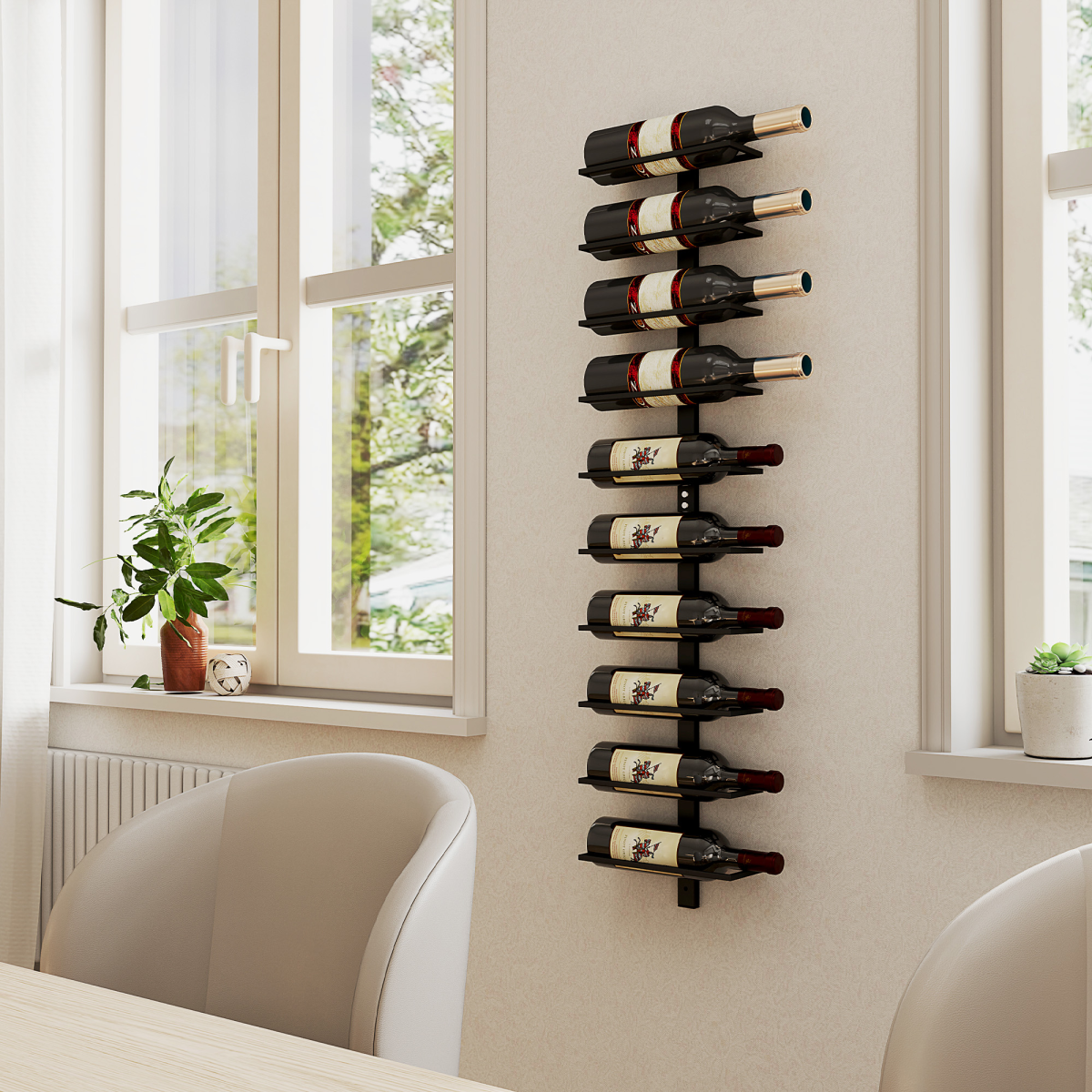 HOMCOM Wall-Mounted 10-Bottle Wine Rack, Black Steel