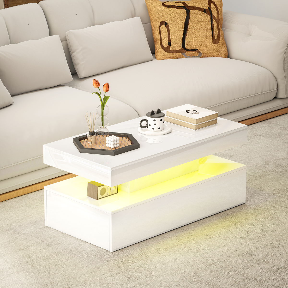 HOMCOM LED Coffee Table with Storage, High Gloss, White