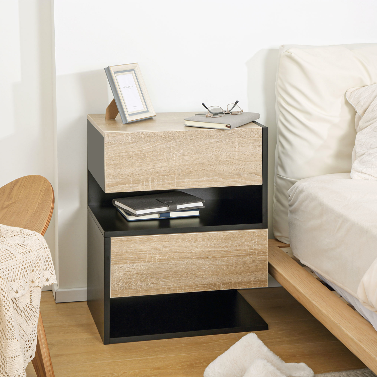 HOMCOM Set of 2 Modern Floating Bedside Tables with Drawer & Shelf