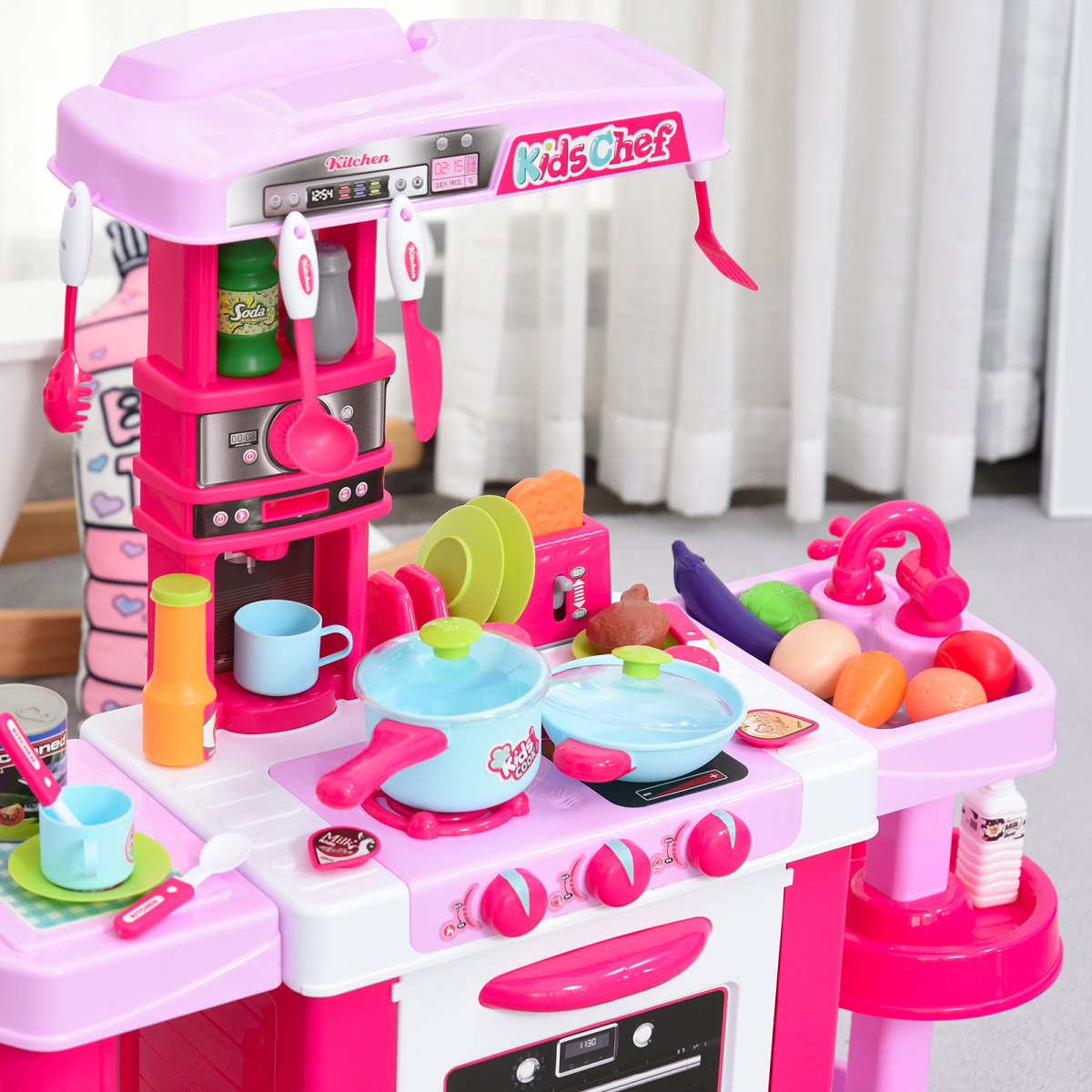 HOMCOM 38-Piece Children’s Kitchen Play Set with Realistic Sounds and Lights, Play Oven, Bread Maker, Sink, Utensils and Food Items