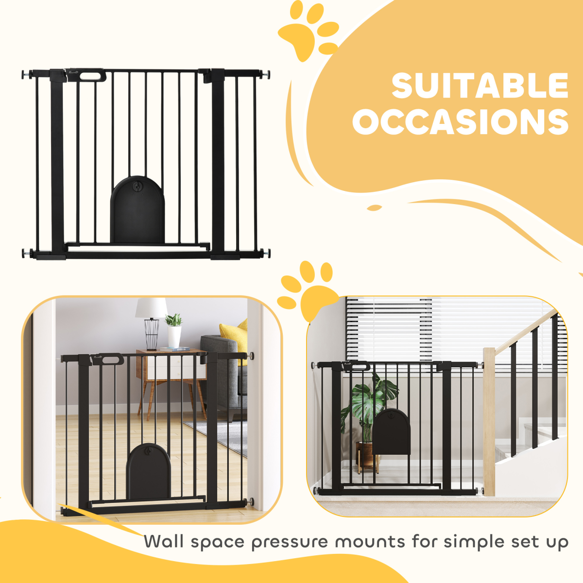 75-103 cm Extra Wide Pet Safety Gate, Stair Pressure Fit, Double Locking, Black