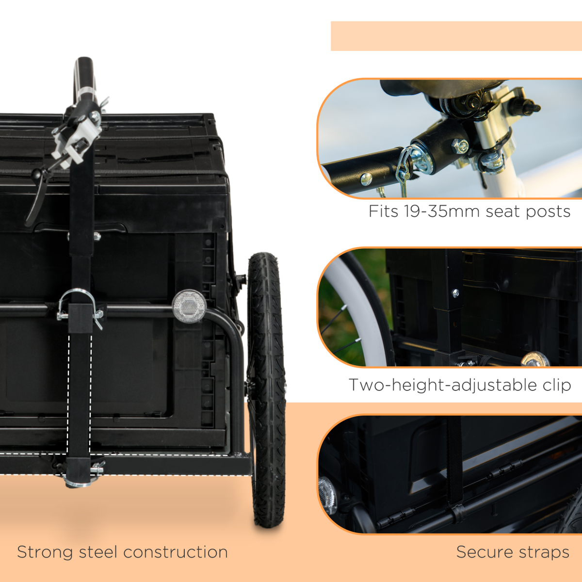HOMCOM Bicycle Trailer with 65L Foldable Storage Box, Pneumatic Tyres and Quick-Release Wheels, Black