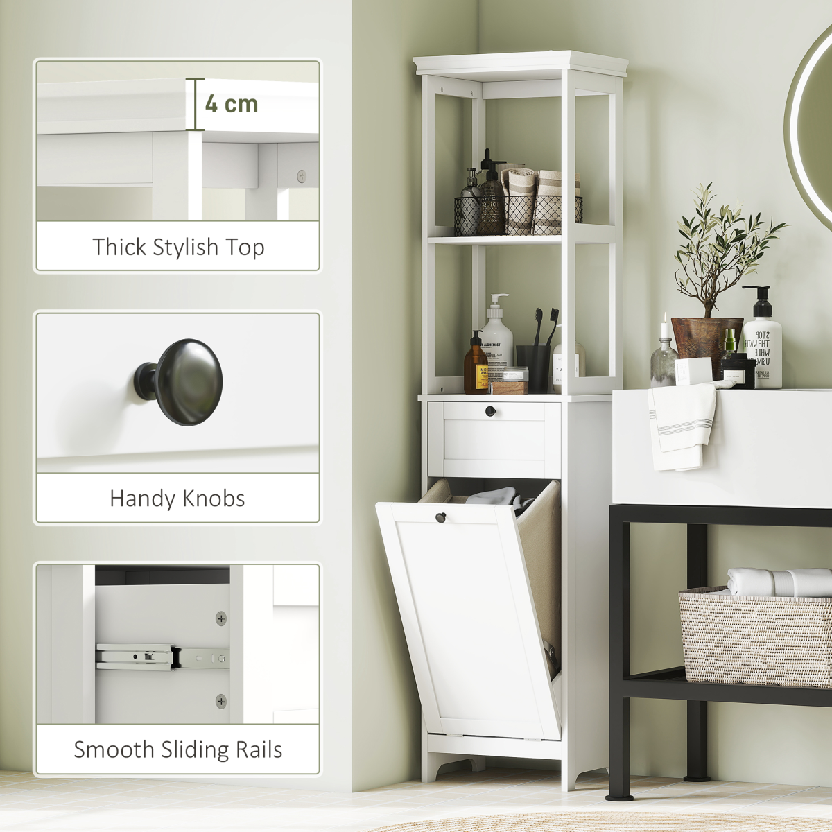 HOMCOM Slim White Bathroom Storage Cabinet with Tilt-Out Hamper