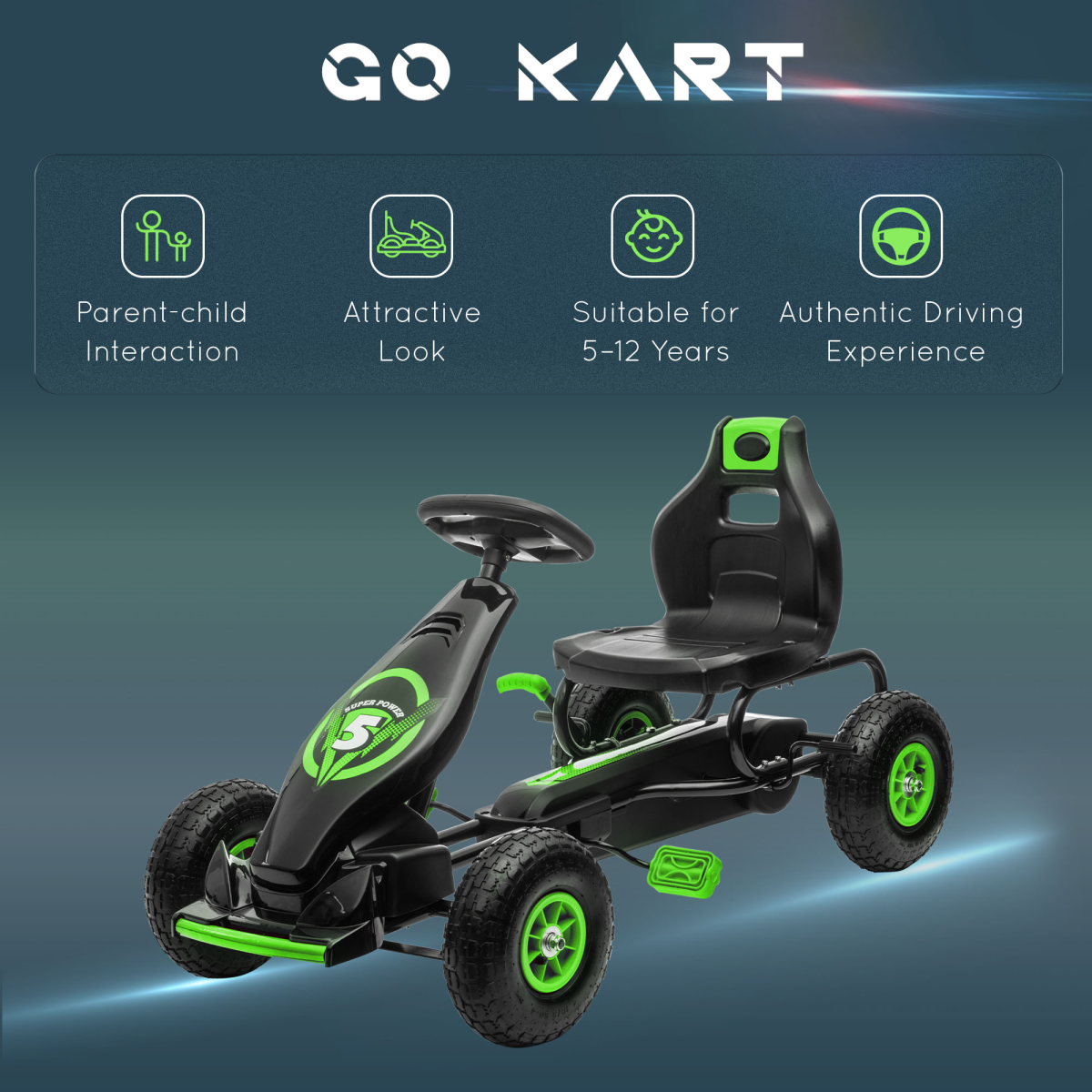 HOMCOM Kids Pedal Go Kart with Adjustable Seat, Rubber Wheels & Brake, Green
