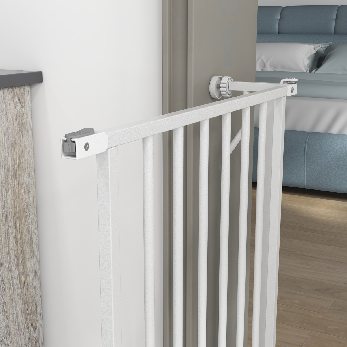 PawHut Dog Gate Wide Stair Gate w/ Door Pressure Fit, 75-85W cm, White