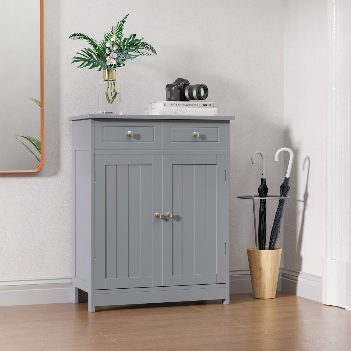 kleankin Bathroom Floor Storage Cabinet with 2 Drawers, Cupboard and Adjustable Shelf, Grey