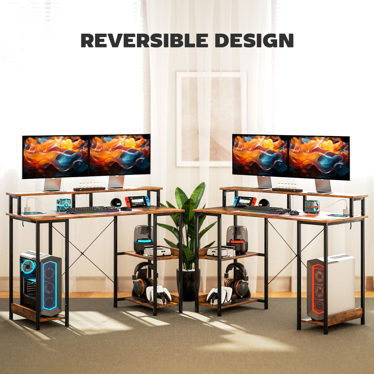 HOMCOM Reversible Computer Desk with Storage and RGB Light, Rustic Brown