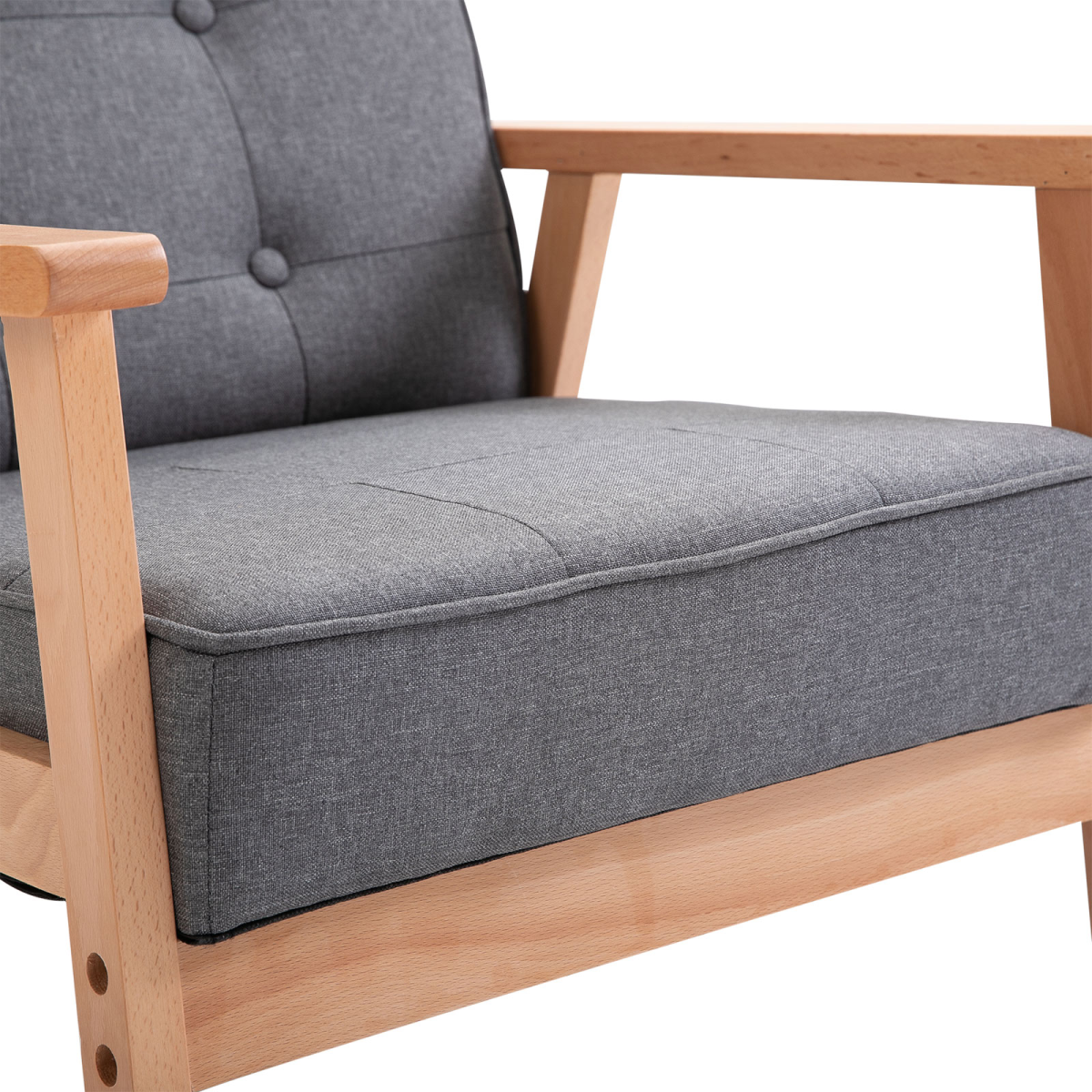 HOMCOM Retro Armchair with Beech Wood Frame, Grey Linen Upholstery