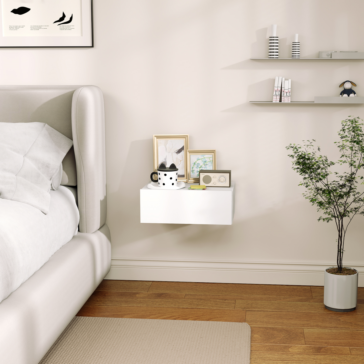 HOMCOM Wall-Mounted Floating Bedside Table with Drawer, White