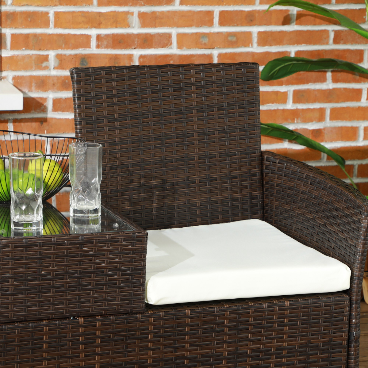 Outsunny 2 Seat Rattan Garden Bench with Middle Table, Tempered Glass Top and Padded Cushions