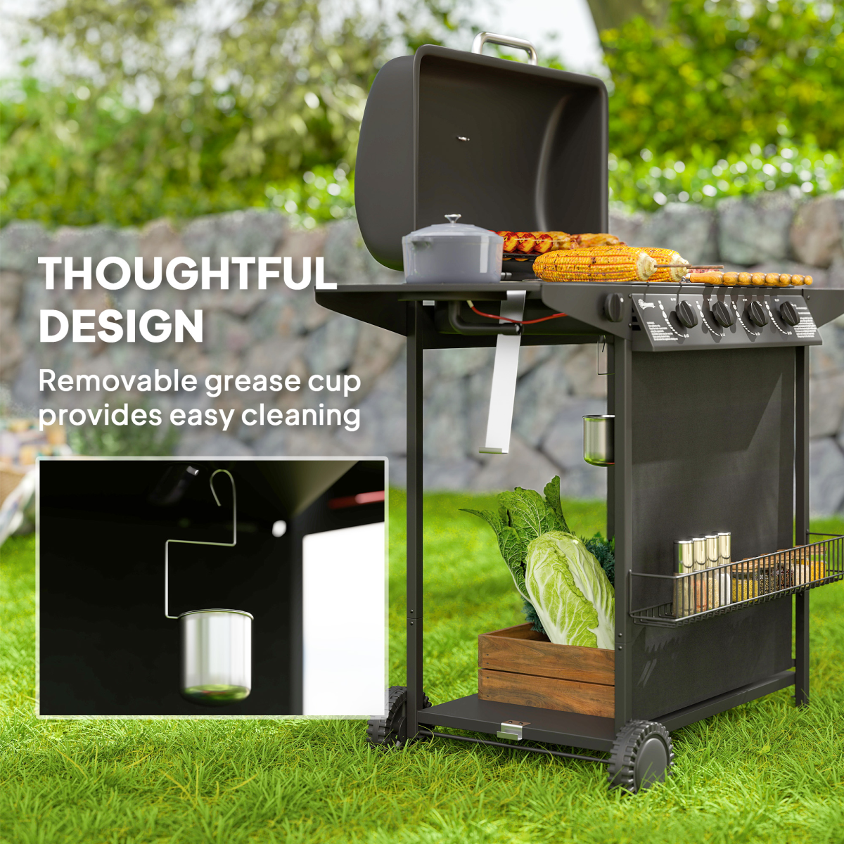 Outsunny 5-Burner Gas BBQ Grill with Side Burner, Lid, Black