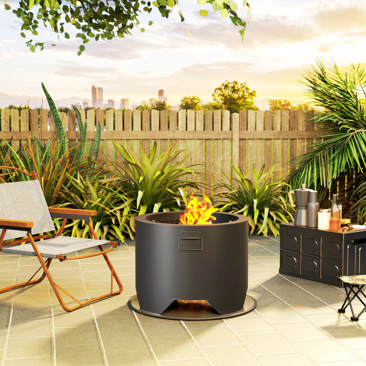 Outsunny Outdoor Round Wood Burning Fire Pit with Lid and Poker, Black