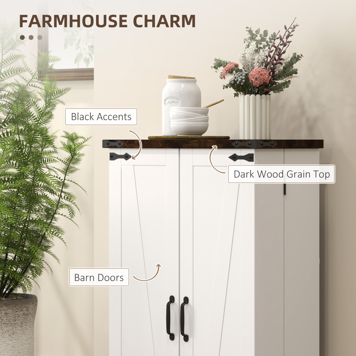 HOMCOM White Farmhouse Storage Cabinet with 4 Adjustable Shelves