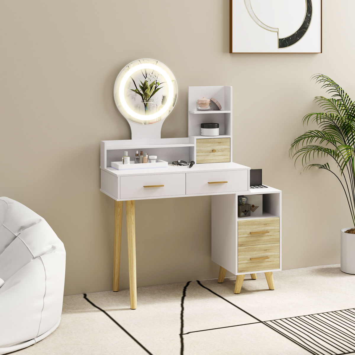 HOMCOM White Vanity Table with Mirror, LED Lights, 5 Drawers