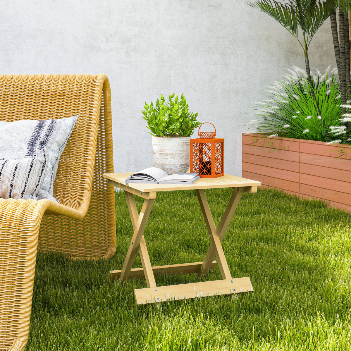 Outsunny Folding Fir Wood Garden Side Table, Nature Wood Finish