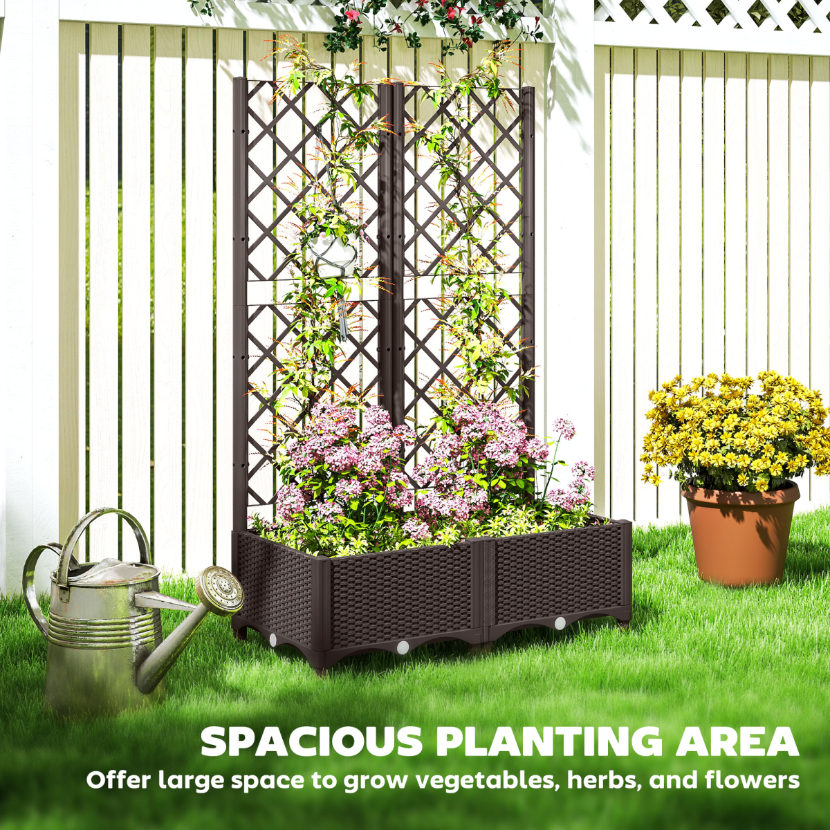 Outsunny Brown PP Planter Box with Trellis and Drain Plugs