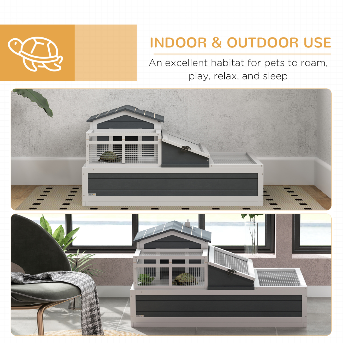PawHut Wooden Tortoise House with Balcony, Tray & Openable Roof