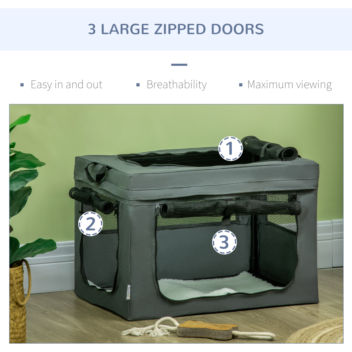 Foldable 3-Door Pet Carrier Bag with Cushion, Grey