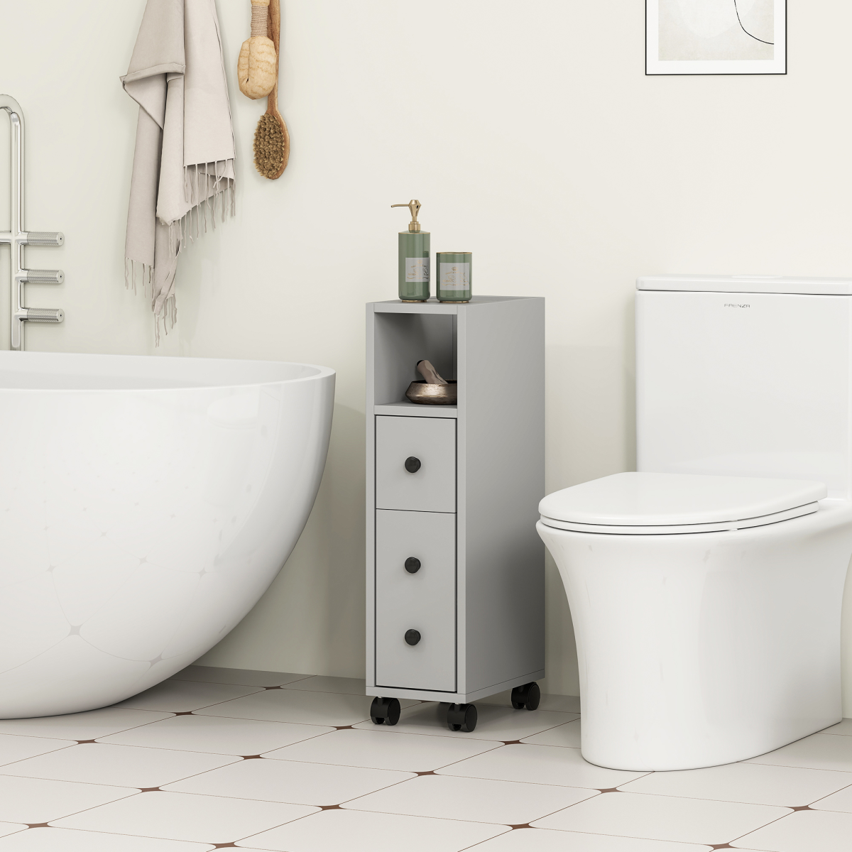 kleankin Slim Grey Bathroom Storage Cabinet with Wheels and Open Compartments