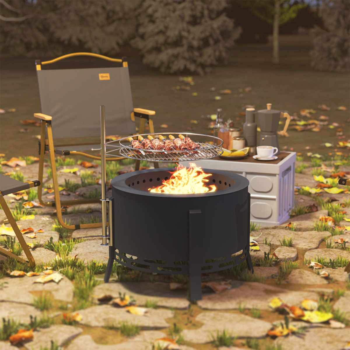 Outsunny 58cm Portable Round Fire Pit with Grill Grate, Black
