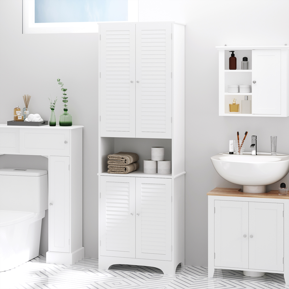 HOMCOM 183x60cm Tall Freestanding Bathroom Cabinet with Retro Shutters, 3 Compartments, White