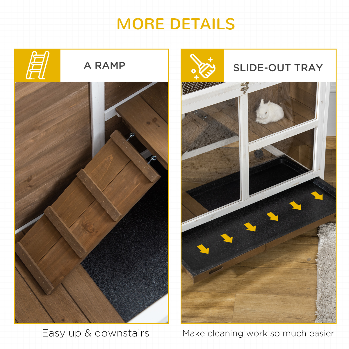 PawHut Indoor Two-Floor Fir Wood Rabbit Hutch with Pull-Out Tray, Ramp and Wheels, Brown