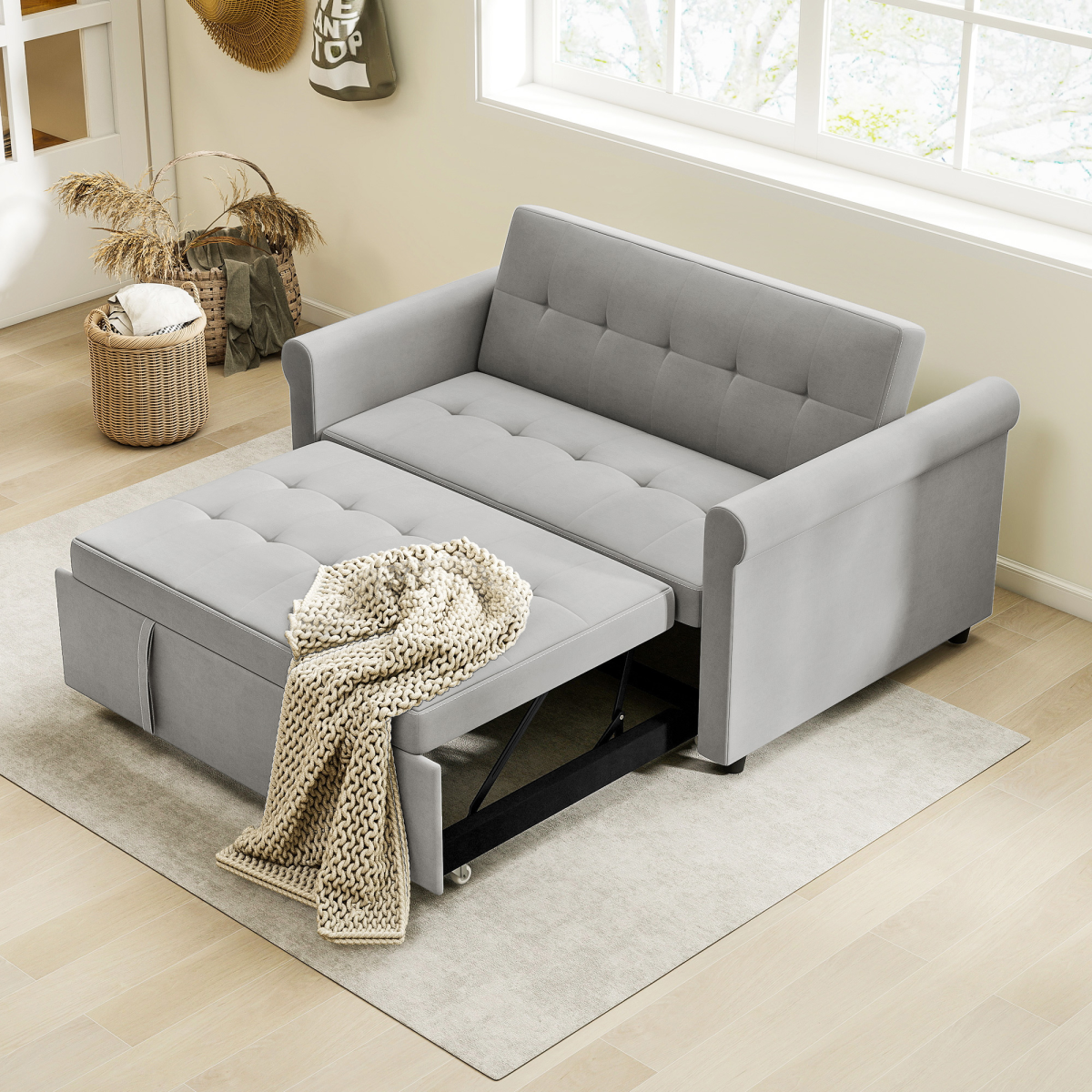 HOMCOM Grey Convertible Pull Out Sleeper Sofa Bed, Two-Seater