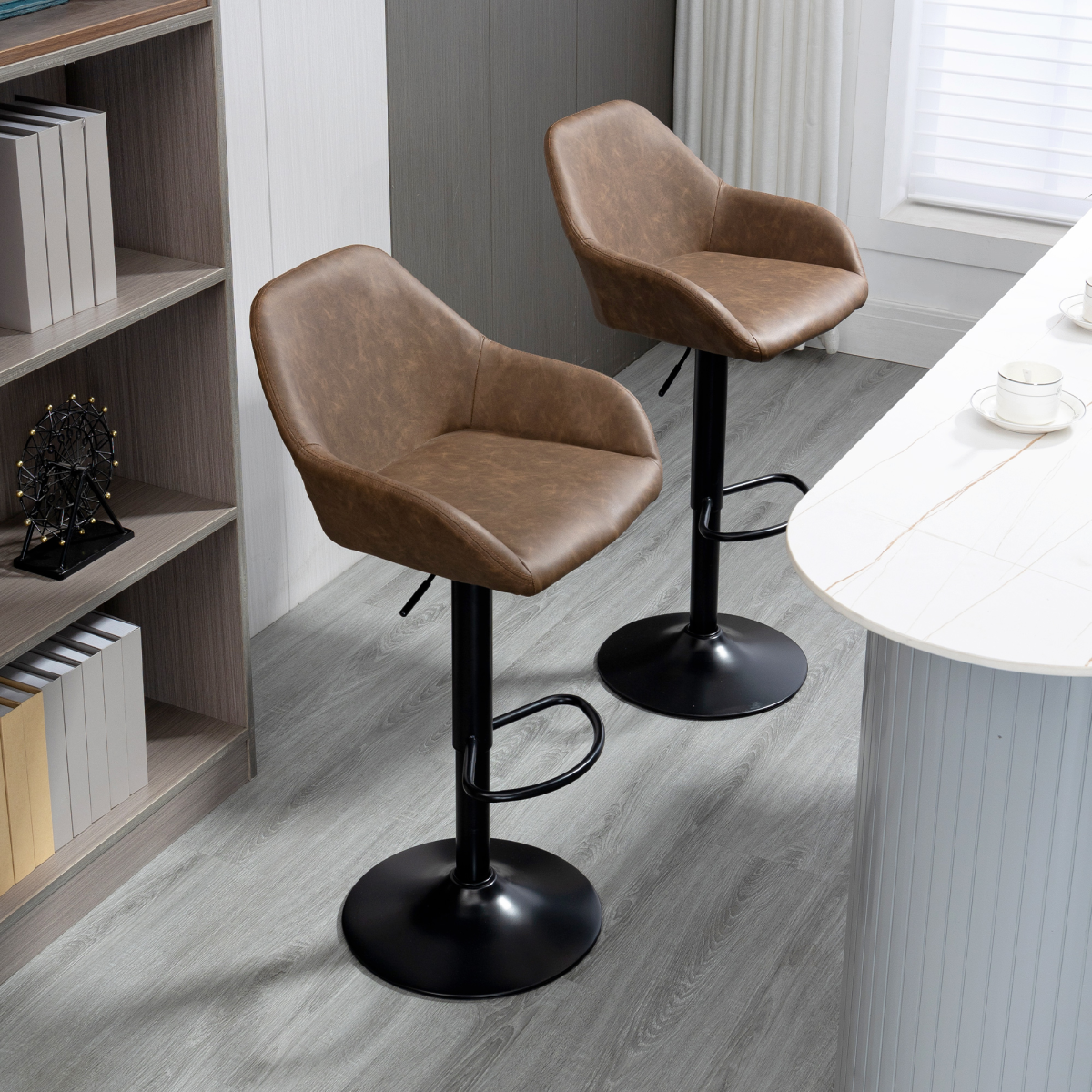 HOMCOM Set of 2 Swivel Bar Stools with Footrest and Backrest, Adjustable Height, PU Leather and Steel, Brown