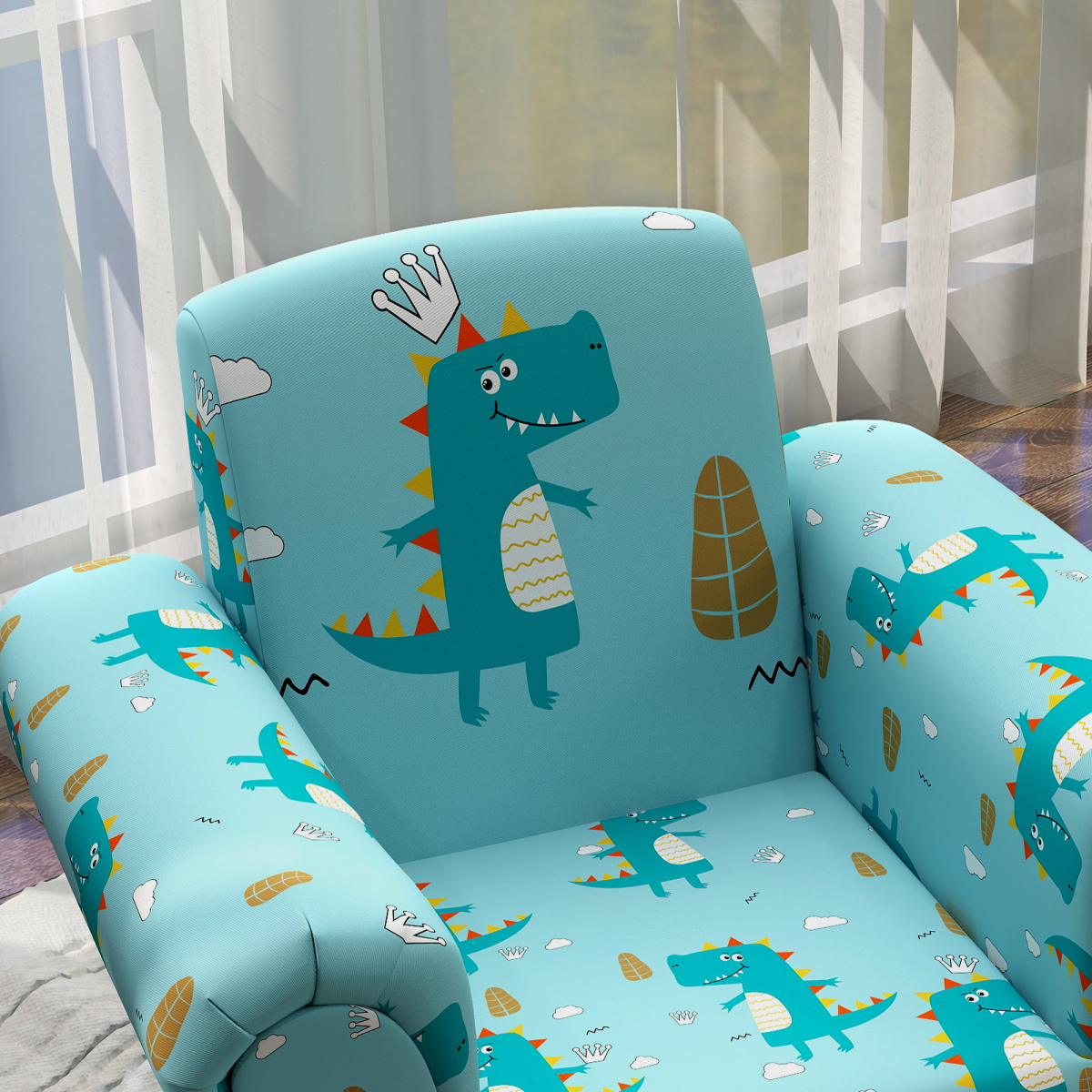 AIYAPLAY 2 Piece Kids Sofa Set, Dinosaur Print, Blue for Nursery