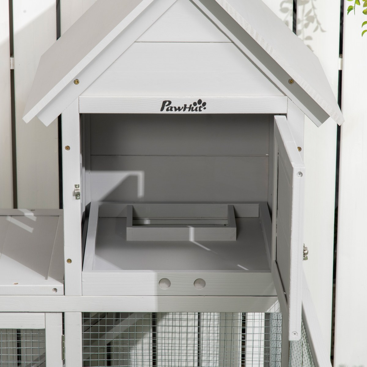 PawHut Rabbit Hutch and Guinea Pig Cage with Slide-Out Tray, Fenced Run, 3 Doors, Indoor Wooden Hutch