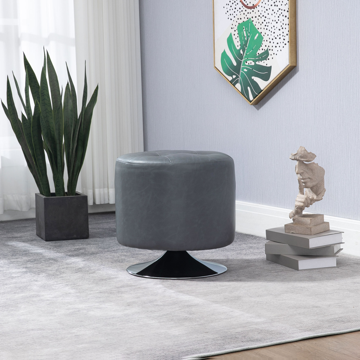 HOMCOM Grey 360 Swivel Footstool Ottoman with Thick Padding and Steel Base