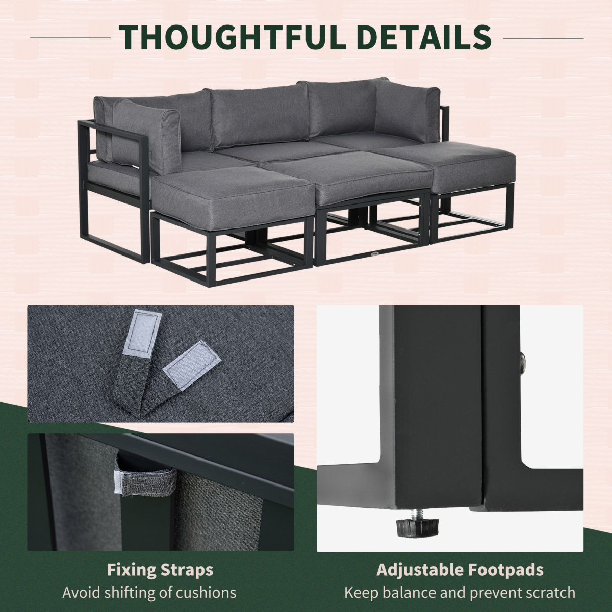 Outsunny 6 Piece Convertible Outdoor Daybed and Garden Sofa Set with Coffee Table, Footstools and Cushions, Grey