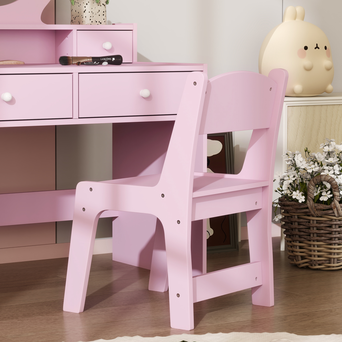 AIYAPLAY Pink Kids Vanity Table and Stool Set with Mirror, 4 Drawers