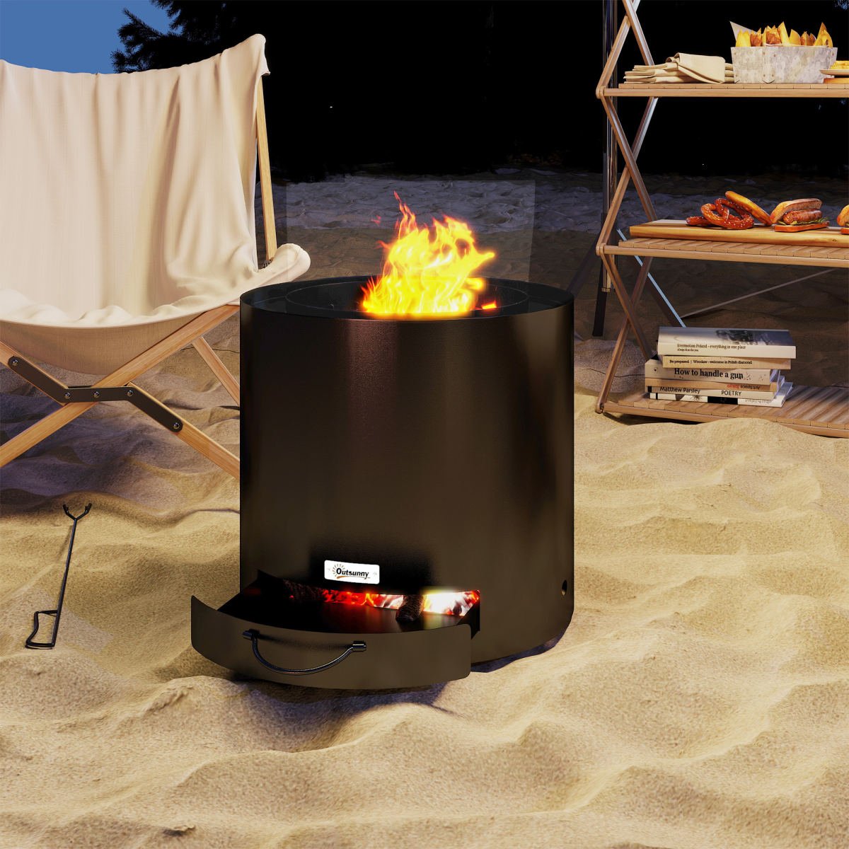 Outsunny Round Steel Fire Pit with Ash Tray and Poker, Black