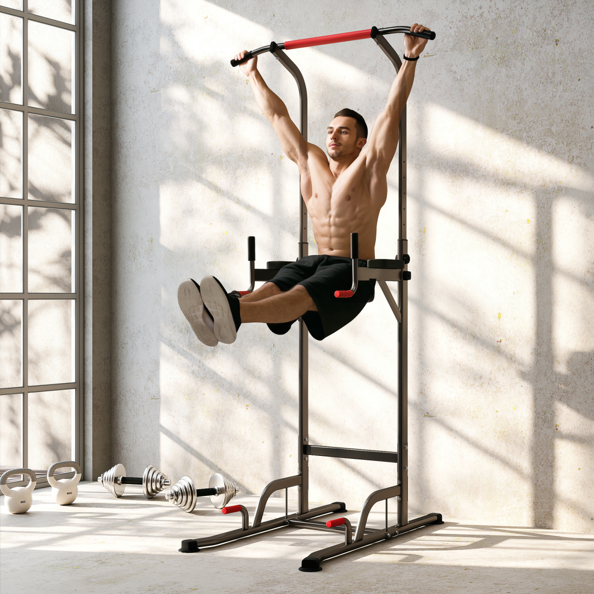 Adjustable Height Power Tower Pull Up Dip Station Multi Gym Home Workout Equipment with Suction Pads, Steel Frame, 120kg Max Load