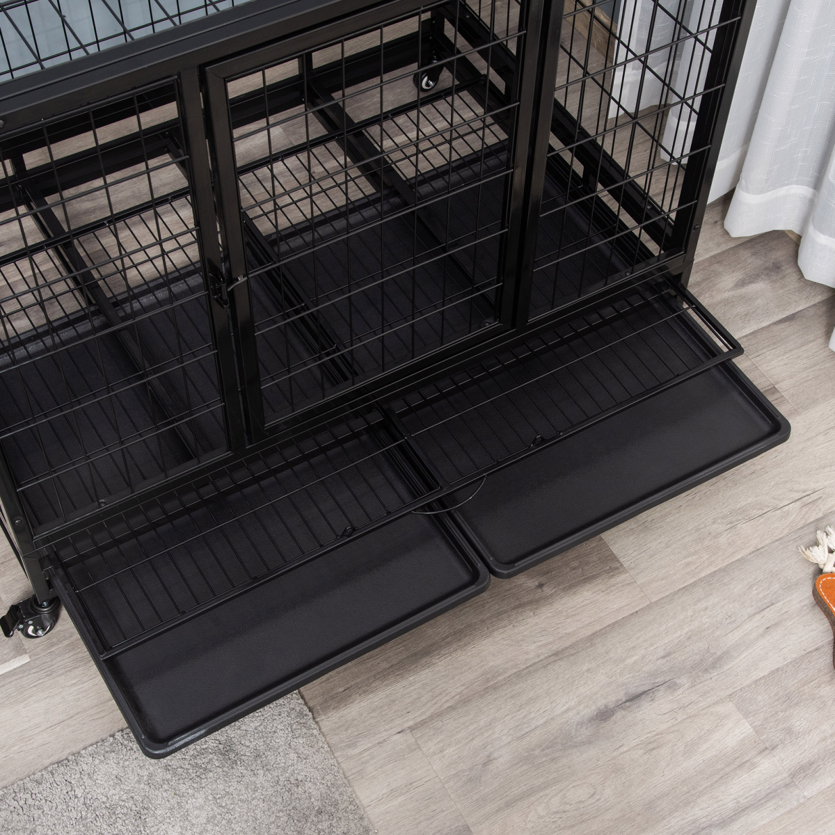 Large Black Metal Dog Kennel Cage with Wheels and Tray