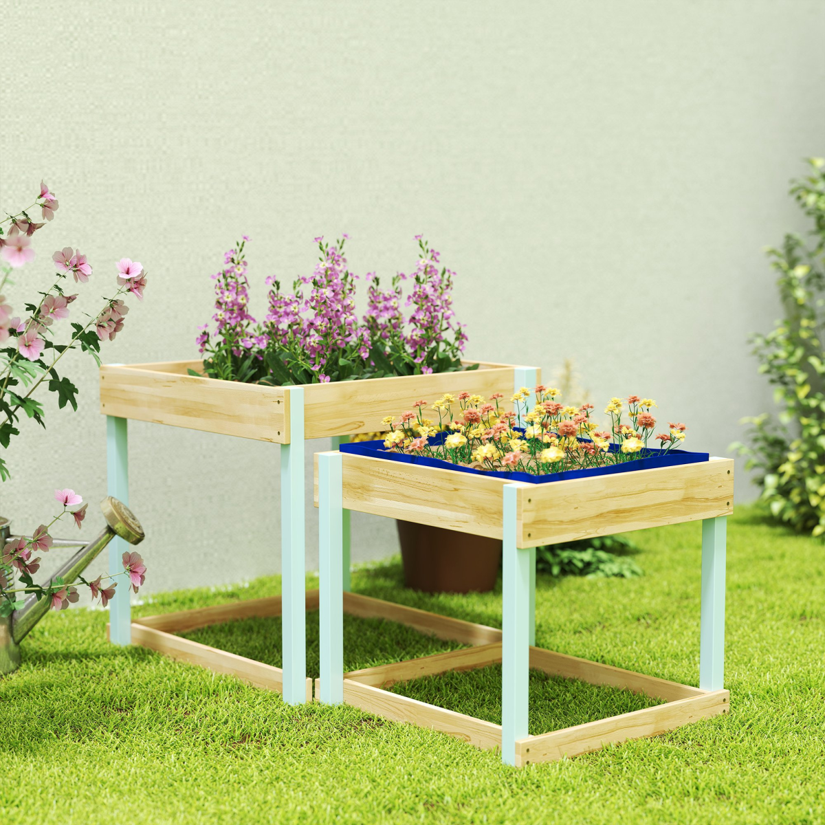 AIYAPLAY 2-Piece Wooden Sand & Water Play Tables with Liner
